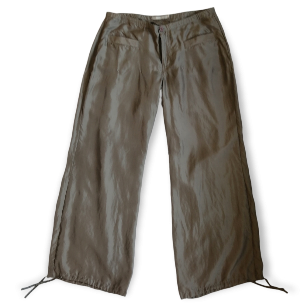 100% Silk Washable Wide Leg High Rise Drawstring Pants Taupe 44 EU | 12 US